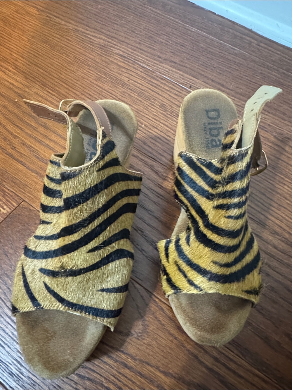 Diba Yellow and Black Zebra-Print Wedge Sandals